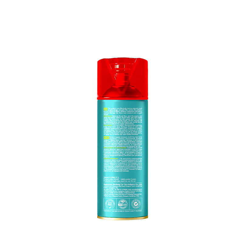 Back view of 450ml Eco-Safe Carburetor Cleaner with safety icons and usage instructions