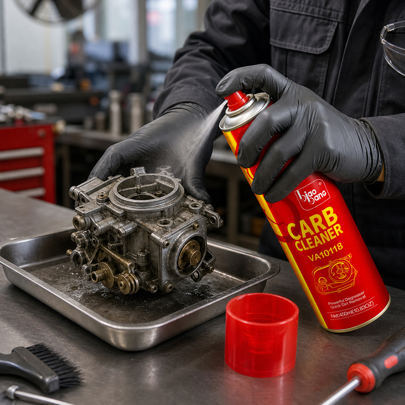 Professional Mechanic Using Biaobang Carb Cleaner on Carburetor - Safe & Effective Application
