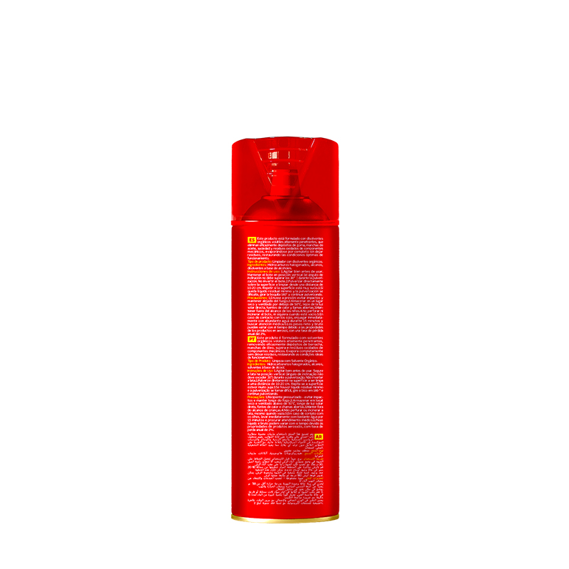 Multilingual back panel of  Brake Cleaner with ISO 9001 and ISO 14001 certification logos