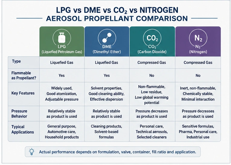LPG vs DME vs CO2 vs nitrogen aerosol propellant comparison