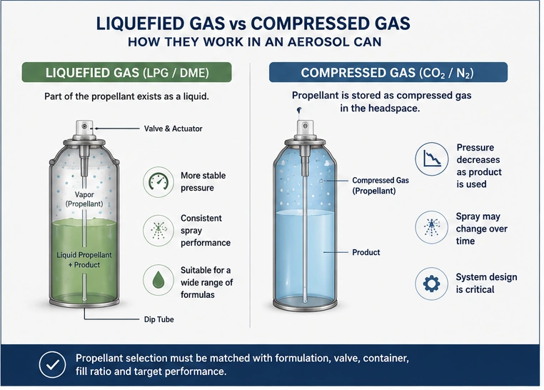 Liquefied gas vs compressed gas propellants in an aerosol can