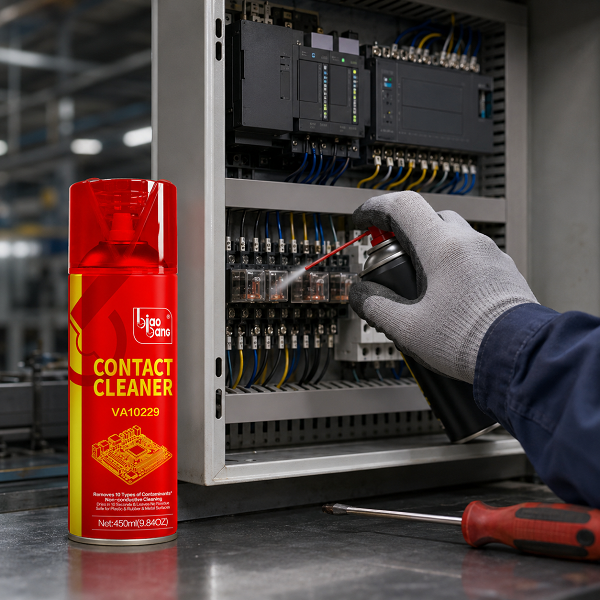 Industrial Electrician Maintaining PLC Control Panel with Biao Bang Contact Cleaner