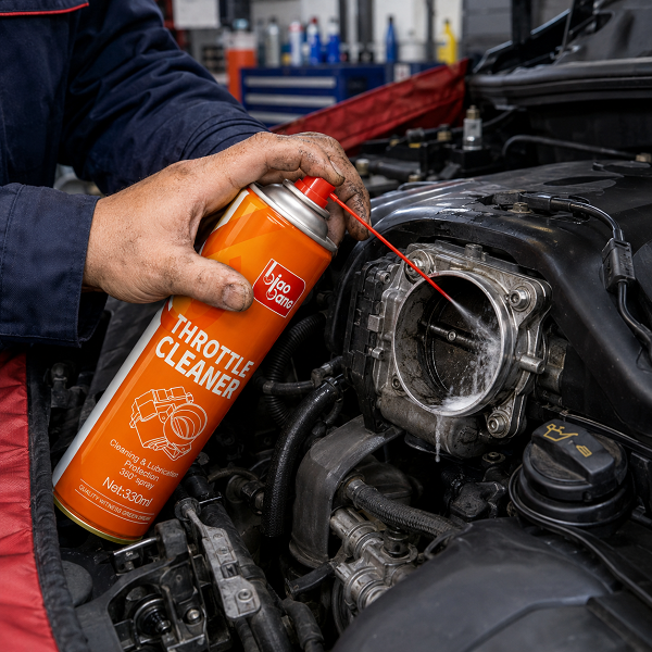 Mechanic Using Biao Bang Throttle Cleaner on Car Engine Intake