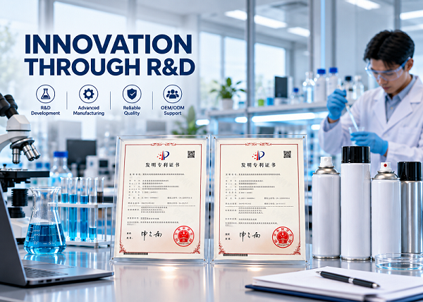 Biaobang R&D laboratory scene featuring scientists, testing equipment, and framed invention patent certificates demonstrating OEM/ODM capabilities.