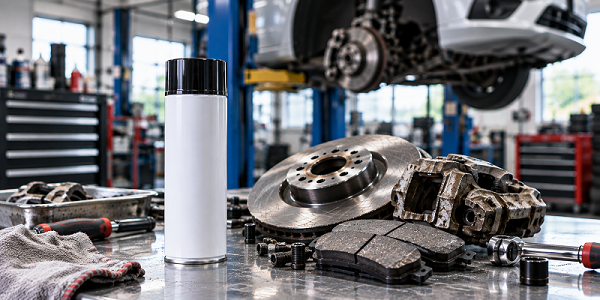 White spray can of industrial degreaser sitting on a metal workbench next to rusty brake discs and calipers in a professional garage